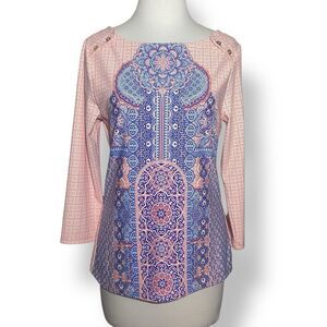 Cabana Life Blouse 3/4 Sleeve Women's M Pink Blue Stretchy